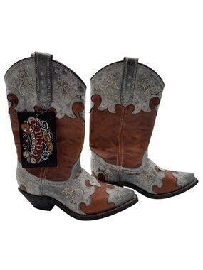 Rockin Country Cowboy Boots Cowgirl Brown Blue Leather Embroidered Women's 6.5 W